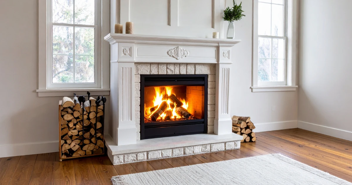 A living room features a white painted brick and stone fireplace with a lit fire, stacked firewood, and a wood floor with a light-colored rug.