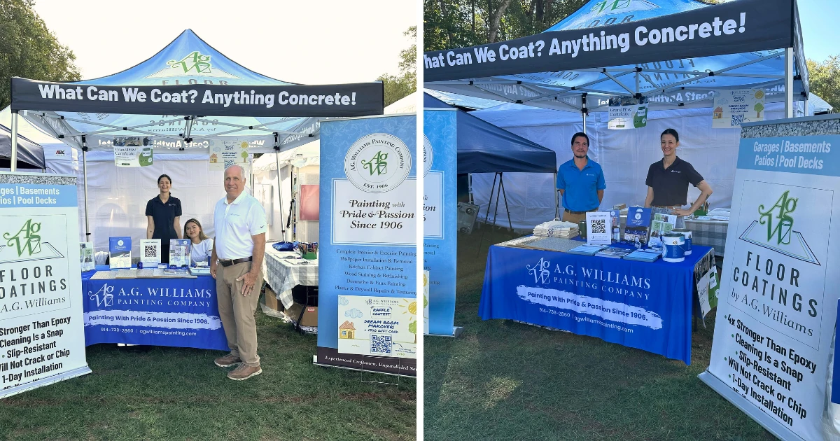 Two photos of the A.G. Williams Painting Company booth tent at an outdoor event.