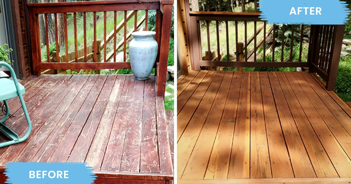 Before-and-after comparison of a wooden deck restoration, with worn boards labeled "BEFORE" and freshly refinished cedar-toned boards labeled "AFTER" on light-blue banners.