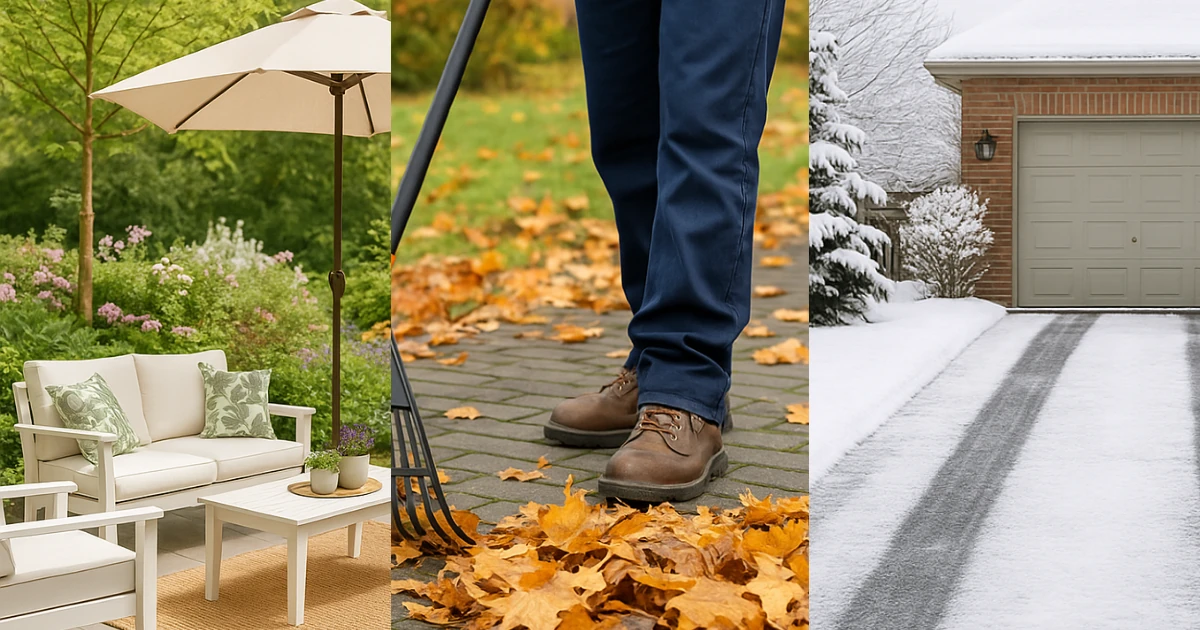 Three-panel seasonal collage showing white patio furniture under an umbrella, a person raking autumn leaves on pavers, and a snow-covered driveway leading to a brick garage.