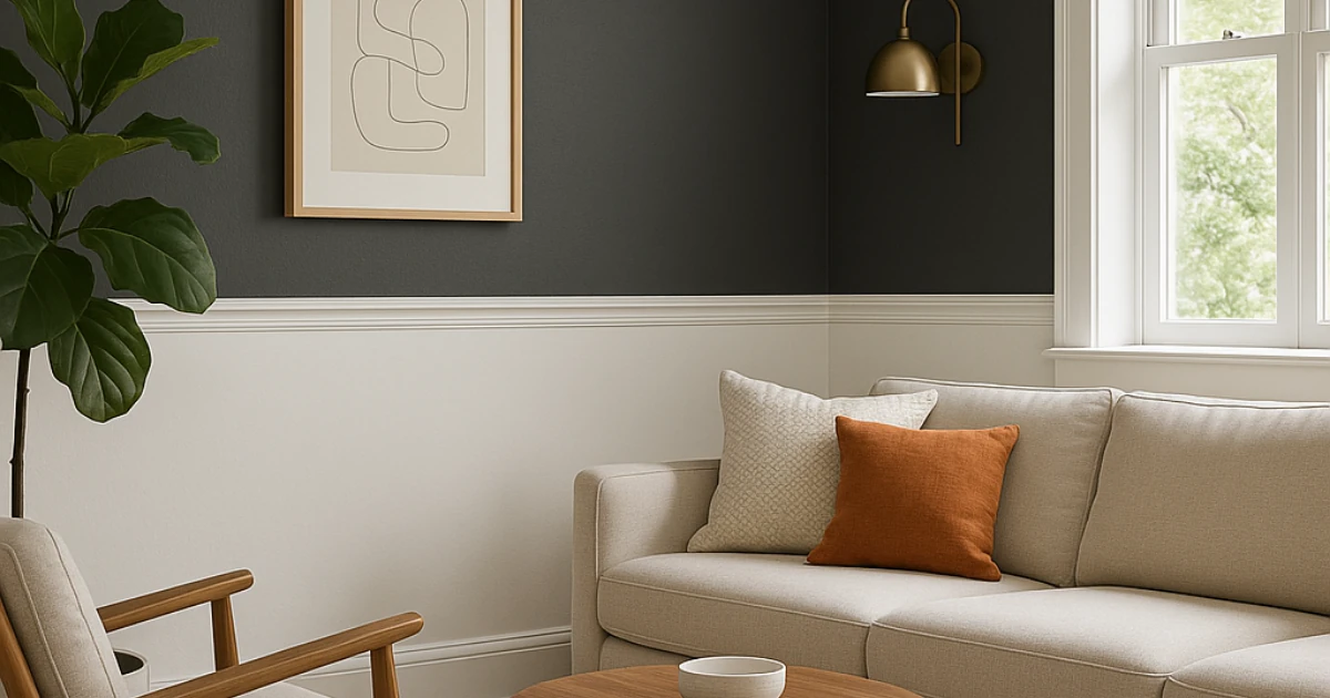 The same living room corner as a companion image, but with the color scheme reversed: dark charcoal upper walls above a white chair rail and white wainscoting, with a beige sofa and orange and cream pillows.