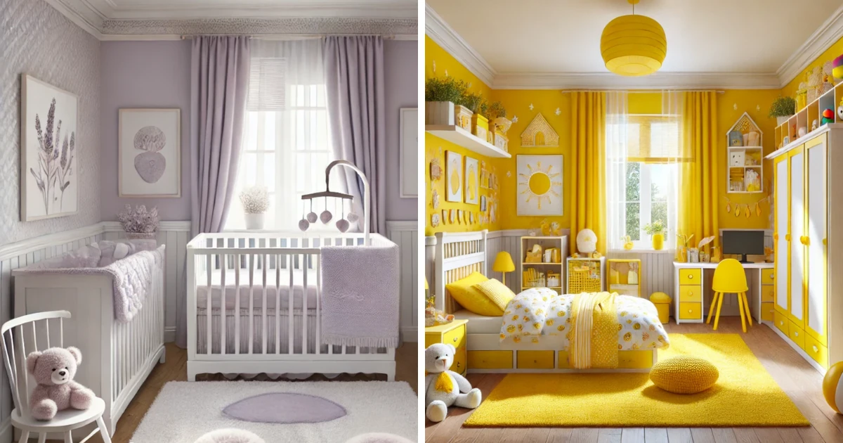 Side-by-side interiors: a nursery color-drenched in soft lavender with a white crib and floral art, and a child's bedroom color-drenched entirely in bright yellow with matching furniture and decor.