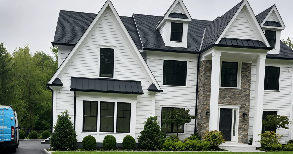 Large white home with black-trimmed windows, steep gables, stone accents, and manicured landscaping.