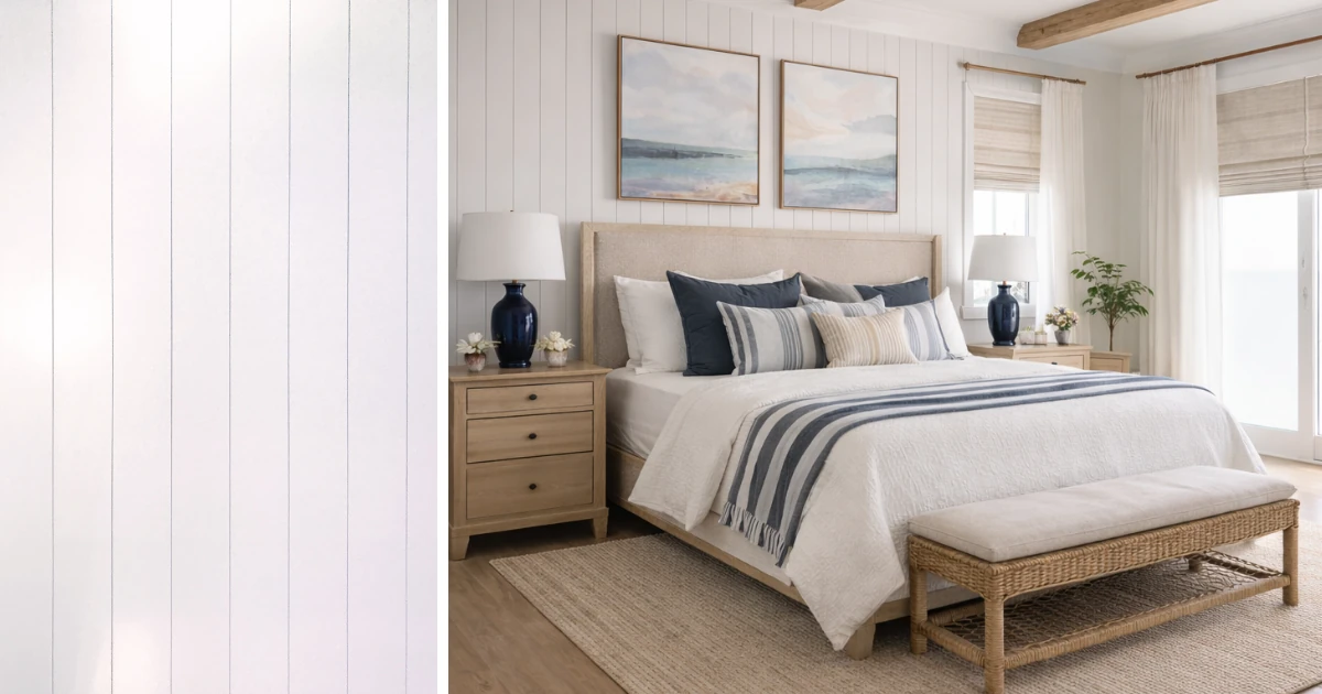 Split image showing a close-up of white vertical shiplap paneling next to a coastal-style bedroom with a tan upholstered bed, navy and white striped bedding, and framed seascape art above shiplap walls.