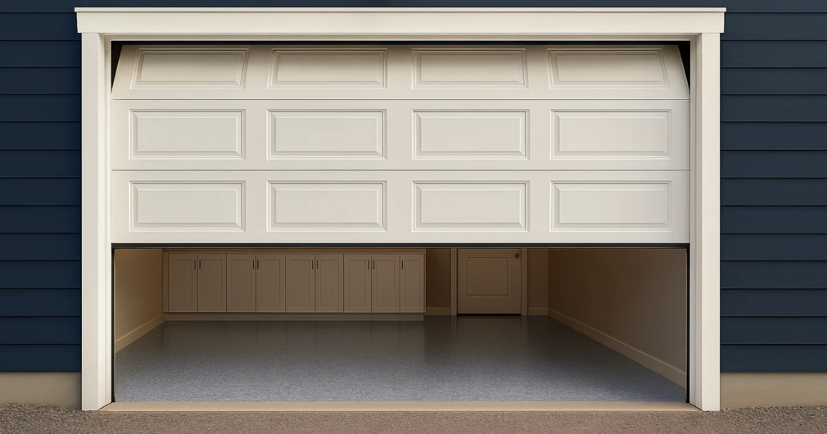 Open cream-colored paneled garage door on a home with dark blue siding, revealing built-in cabinets and a glossy coated floor inside.