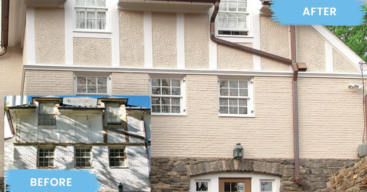 Side-by-side before-and-after photos of a stucco and brick Tudor-style house, weathered and discolored before, painted a clean beige with white trim after.