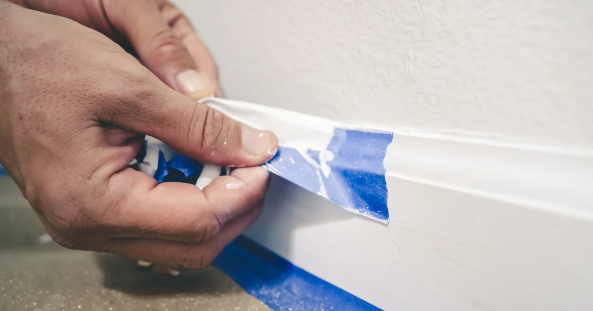 A painter's hand peels blue masking tape away from a freshly painted white baseboard, revealing a crisp, clean paint line.