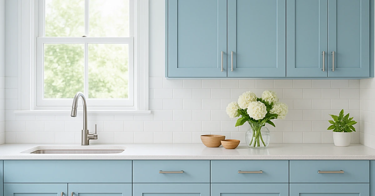 A bright kitchen with light blue Shaker cabinets, a white subway-tile backsplash, a stainless faucet at a sink under a window, and white hydrangeas in a vase.