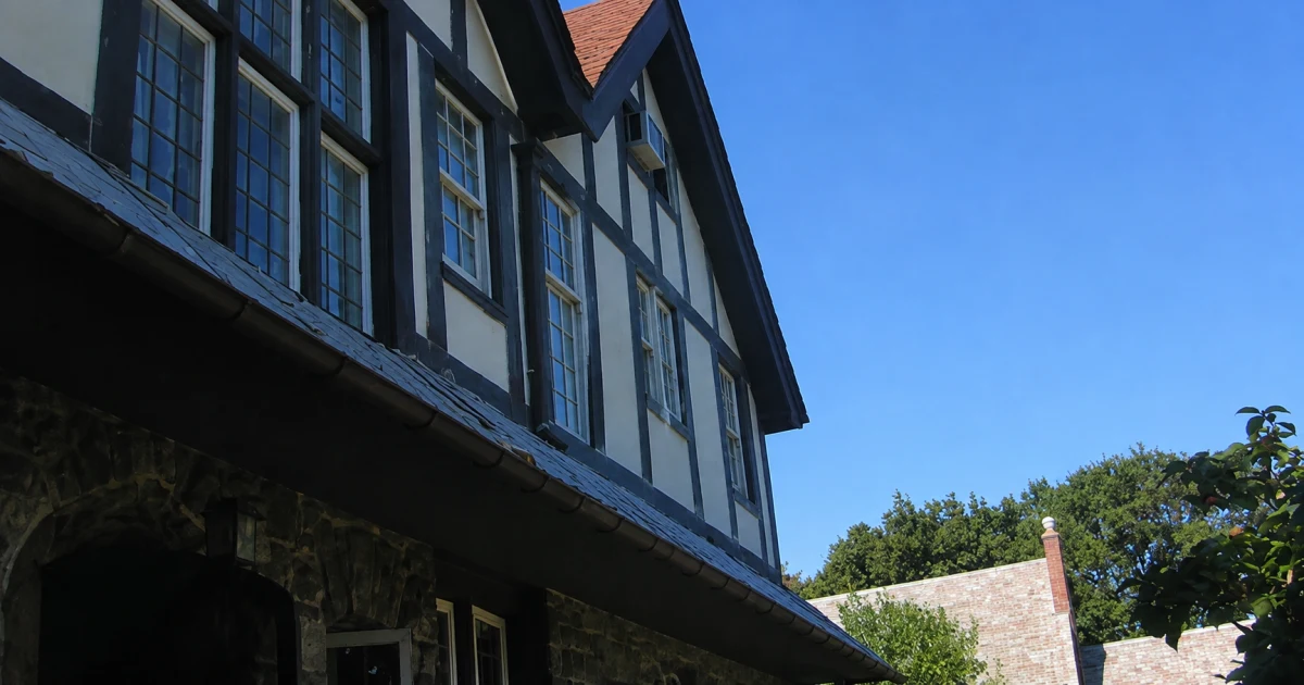 Tudor-style house exterior with dark timber trim and multi-pane windows under a clear blue sky.