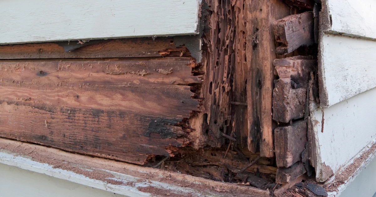 Close-up of severely rotted, insect-damaged wood framing exposed at the corner of a house where white painted siding has been pulled back.