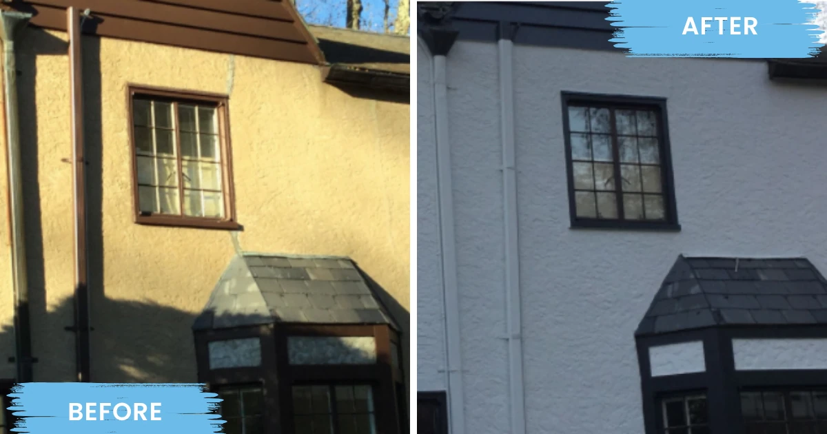 Before-and-after photos labeled "BEFORE" and "AFTER" of a two-story stucco house exterior transformed from yellowed tan with brown trim to bright white with dark trim.