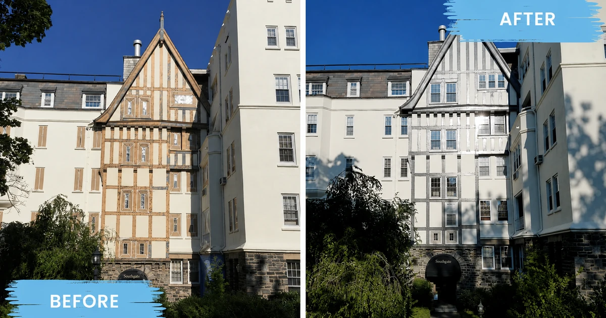 Before-and-after view of exterior restoration on a Tudor-style multi-unit building in White Plains, New York.