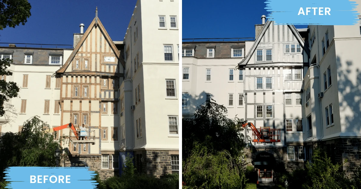 Before-and-after photos of a large Tudor-style multi-unit building's gabled facade, with a worker on an extended boom lift painting the upper section.