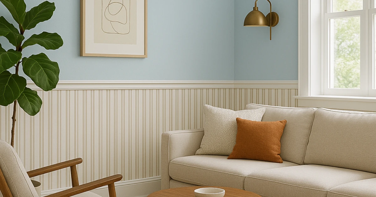A living room corner with pale blue upper walls, a striped wainscoting below a chair rail, a beige sofa with orange and cream pillows, a wood armchair, a framed abstract print, and a brass wall sconce.
