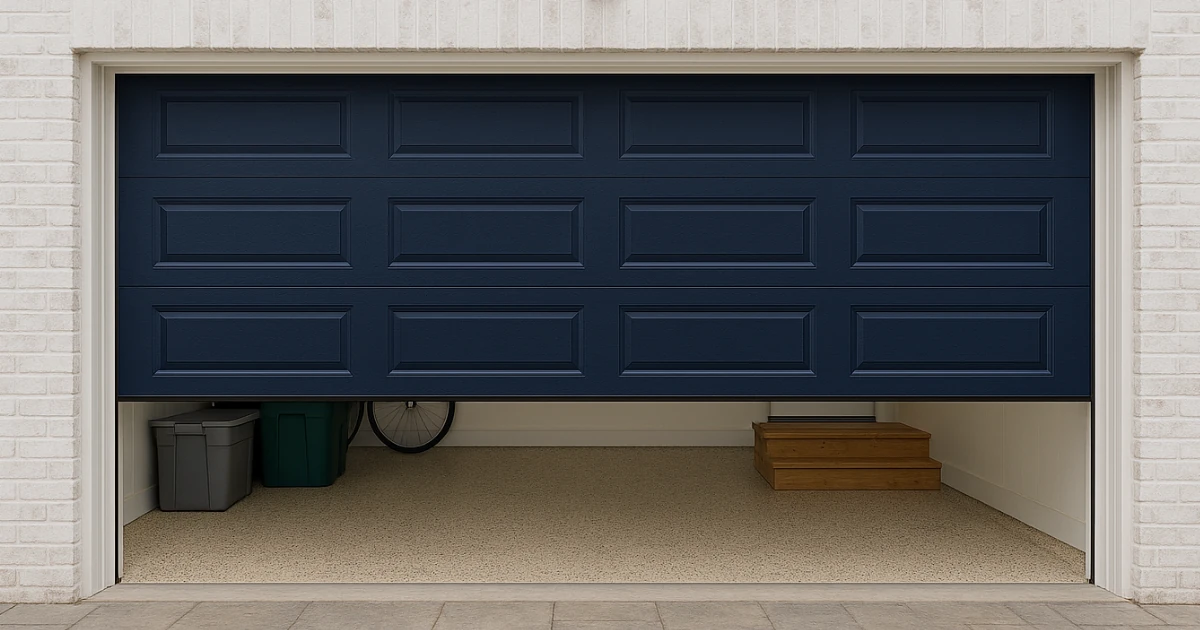 A rendering of a navy blue paneled garage door partially open on a brick house, revealing storage bins, a bicycle wheel, wooden steps, and a beige speckled epoxy floor inside.