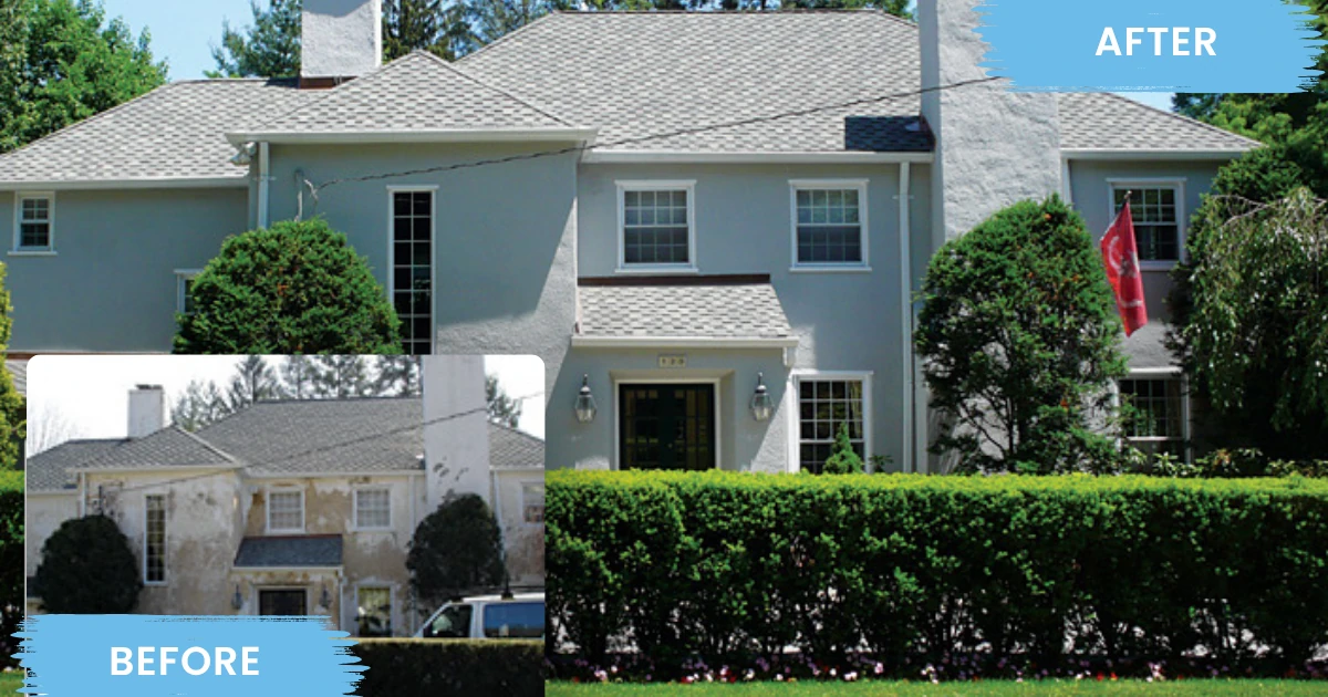 Before-and-after photos of a large stucco colonial home, showing peeling gray-white paint before and a fresh light blue-gray finish with white trim after.