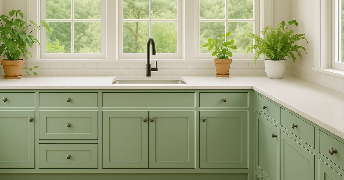 Kitchen with sage-green cabinetry, cream countertops, a black gooseneck faucet, and potted plants along a bank of white-trimmed windows.