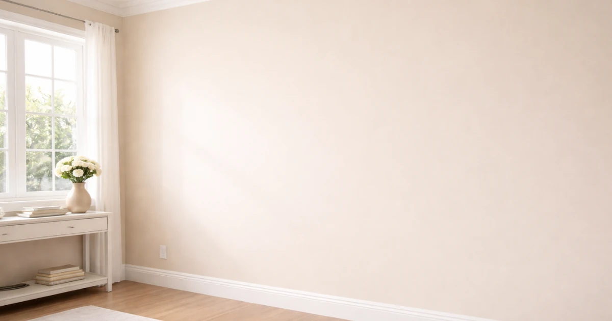 An empty room with a freshly painted cream wall, a window with white curtains, and a console table holding a vase of white flowers and stacked books.