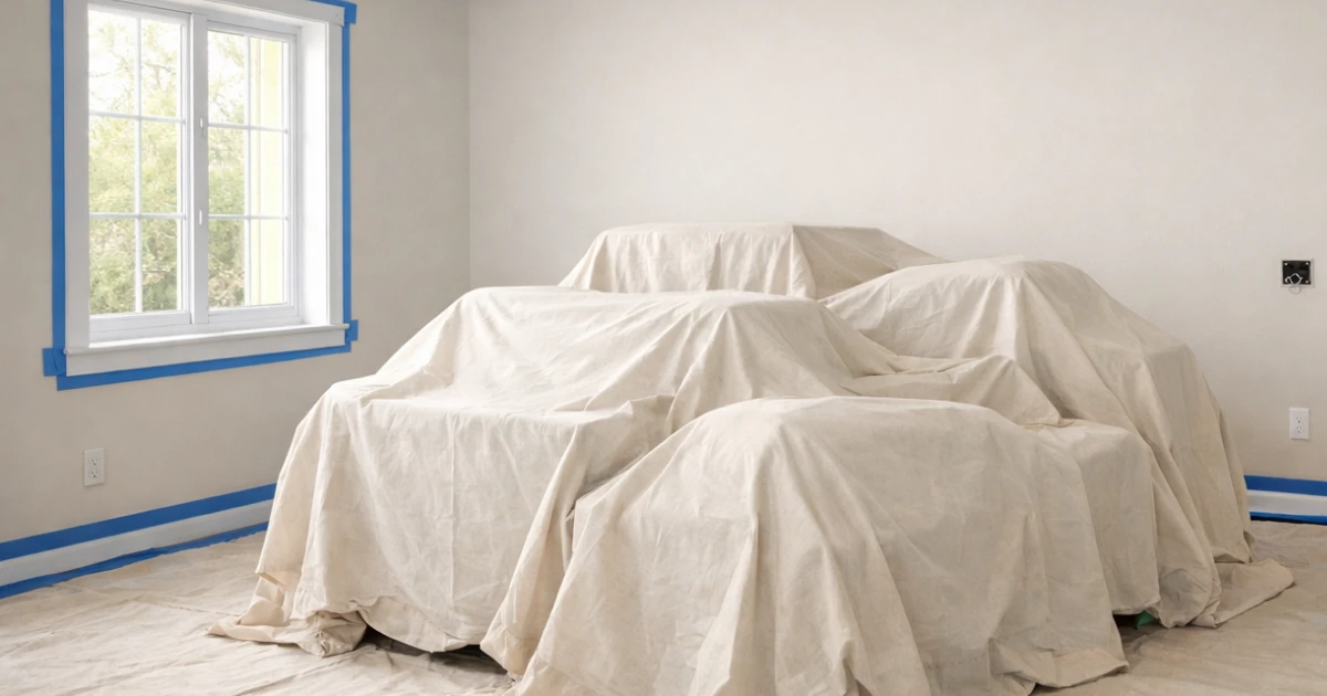 A living room with furniture completely covered in drop cloths and blue painter's tape along the window trim and baseboards in preparation for painting.