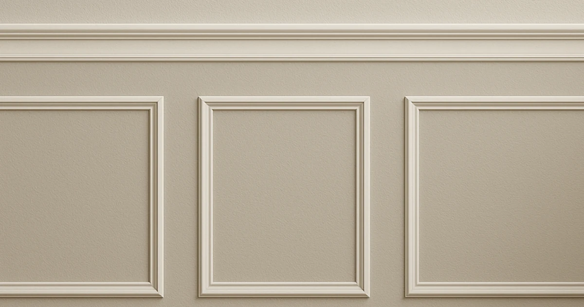 Close-up of raised wainscoting panels with a chair rail, painted in matching light taupe tones with cream trim highlights.