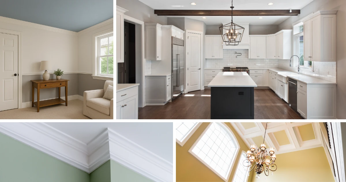 A four-panel collage of ceiling styles: a room with a blue-painted ceiling and cream walls, a white kitchen with a dark wood ceiling beam, a close-up of crown molding between green and white walls, and a yellow coffered ceiling with a chandelier.