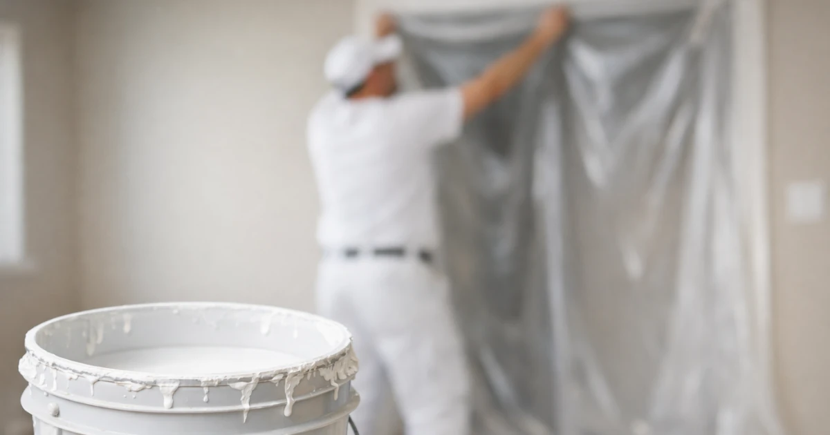 Drip-covered bucket of white paint in sharp focus while a painter in white workwear hangs plastic sheeting in the blurred background.