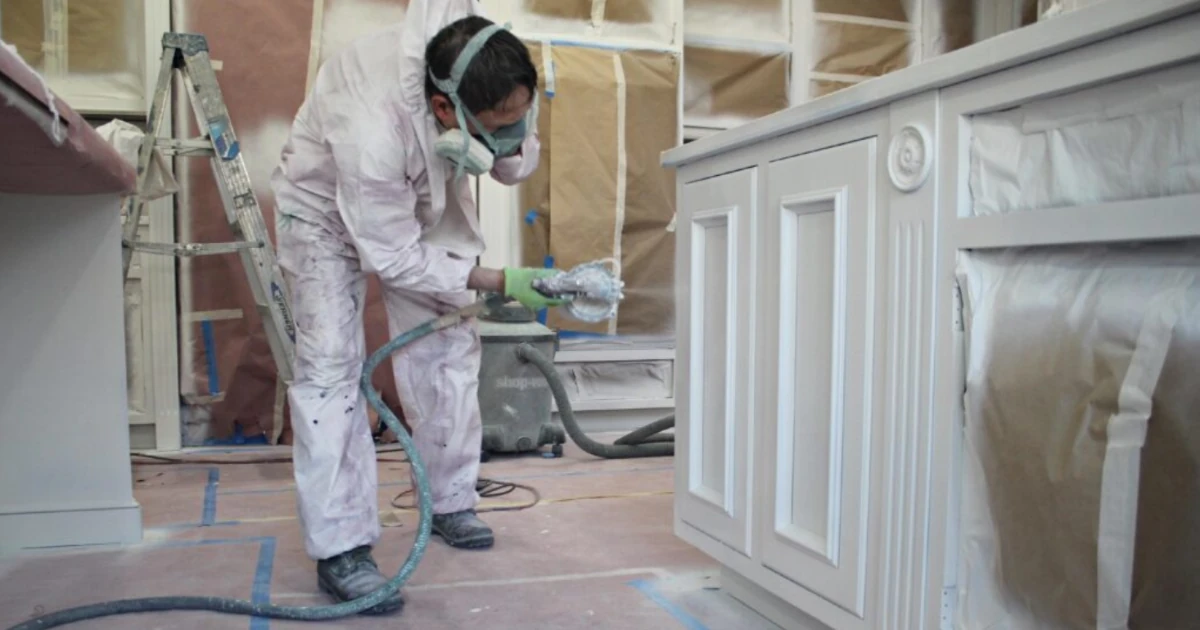 A painter in a respirator and paint-spattered coveralls spray-finishes white cabinetry inside a fully masked room with paper-covered floors and a ladder behind him.