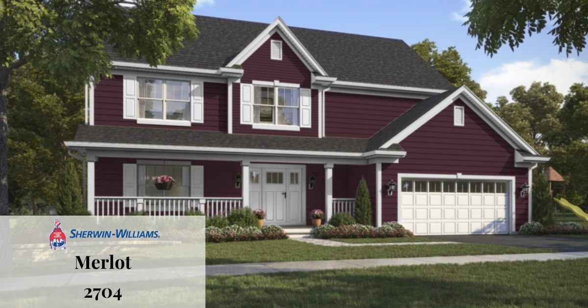 A Sherwin-Williams 'Merlot' paint color card overlays a rendering of a two-story house exterior painted deep burgundy with white trim.