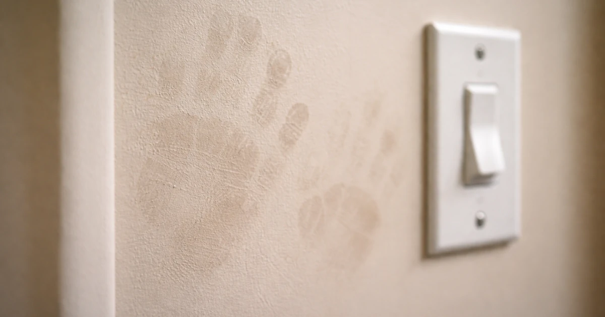 Faint child-sized handprints on a beige painted wall next to a light switch.