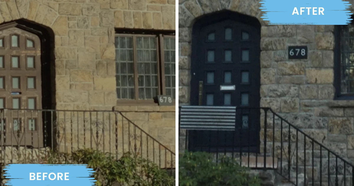 Before-and-after comparison of an arched wooden front door on a stone house, repainted from a faded brown finish to black, with blue "BEFORE" and "AFTER" banners.