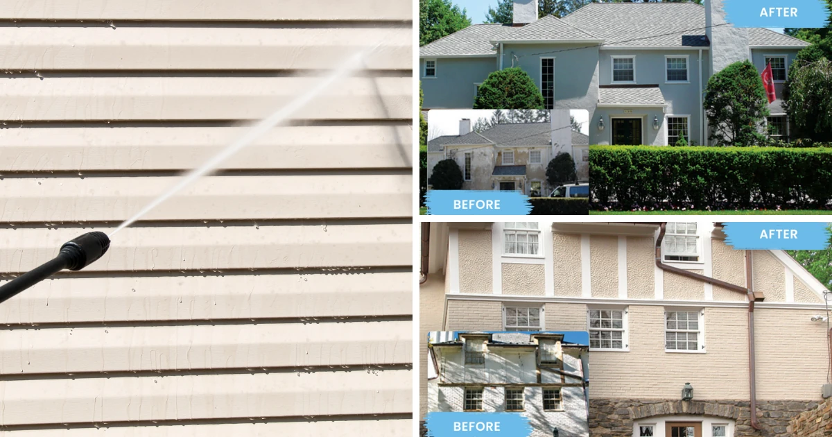 A composite image showing a power washer spraying beige siding on the left, paired with two before-and-after house renovation photos on the right.