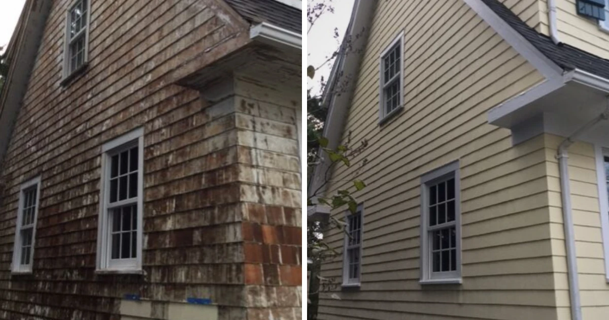 Before-and-after photos of a house's cedar shingle siding and corner, showing weathered gray shingles before and freshly painted tan siding after.