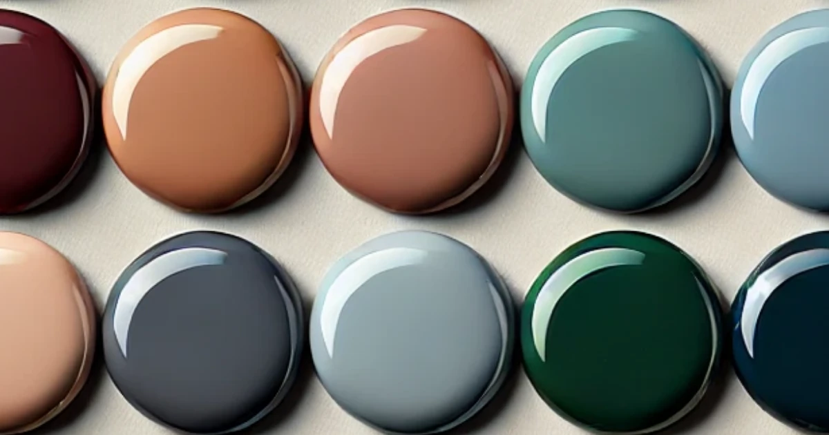 Rows of glossy round paint dollops in muted burgundy, terracotta, blush, gray, blue, and green tones arranged on a neutral background.