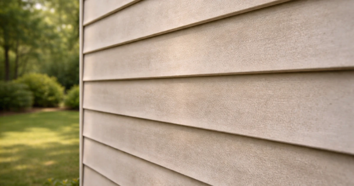 Close-up of weathered beige horizontal lap siding on a house exterior, with a blurred green lawn and trees in the background.
