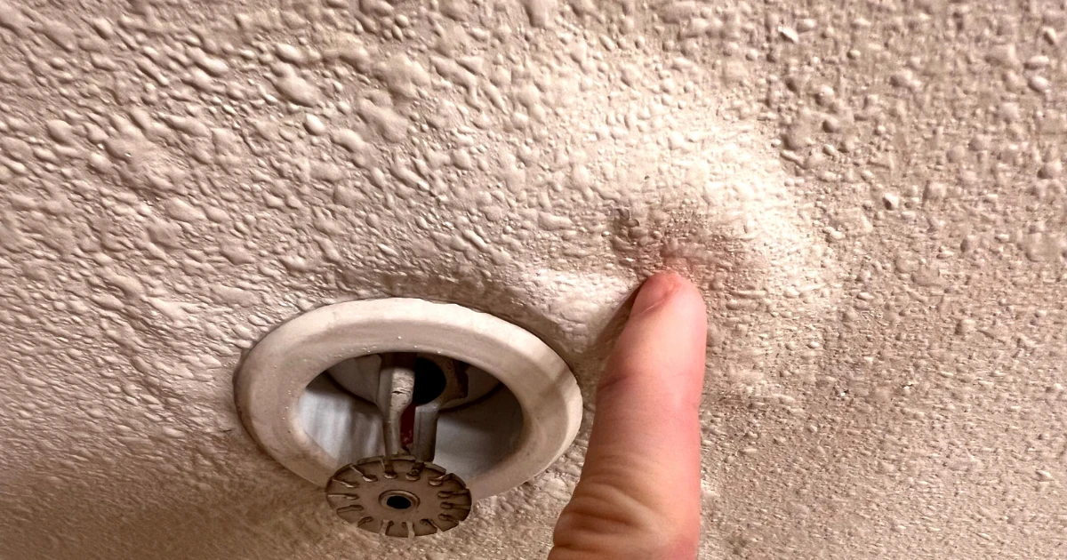 A finger points at a bubbled patch on a textured popcorn ceiling next to a recessed fire sprinkler head.