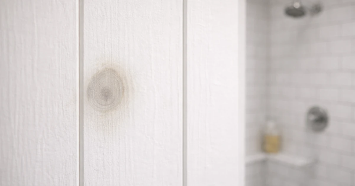 A close-up of painted white shiplap wall paneling shows a wood knot bleeding through the paint, with a blurred bathroom shower visible behind it.