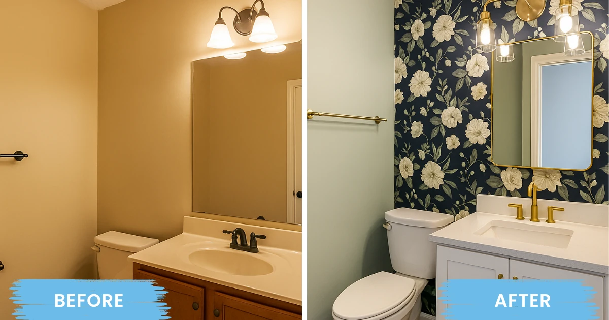 Side-by-side before-and-after of a bathroom repaint labeled "BEFORE" and "AFTER," showing beige walls updated with sage green paint, floral wallpaper, and brass fixtures.