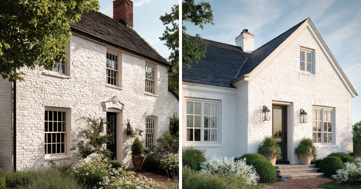 A side-by-side image shows two white limewashed brick houses with dark shingle roofs, black-trimmed windows, and green landscaping.
