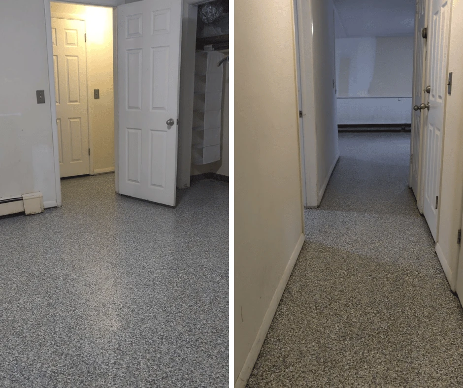 two photos with white walls and doors and floor coating