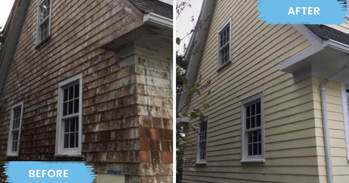 Before and after of a home exterior: weathered, stained cedar shingles on the left and clean sage clapboard siding with crisp white trim on the right.