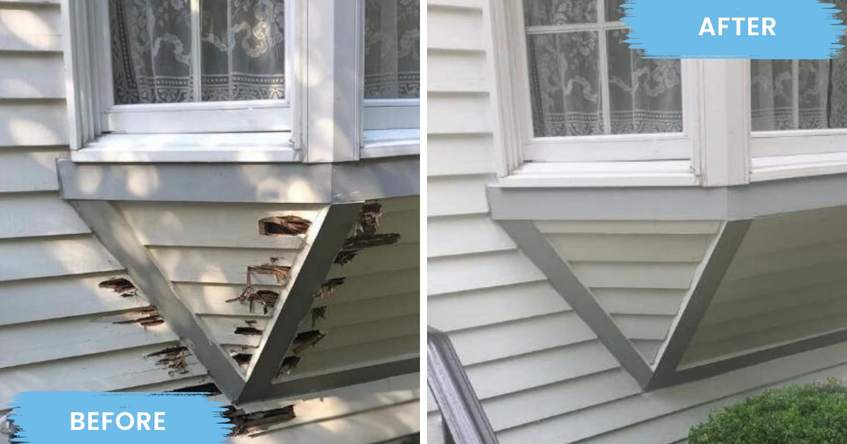 Before and after of a bay window bracket, showing splintered rotted wood on the left and repaired, repainted trim and siding on the right.