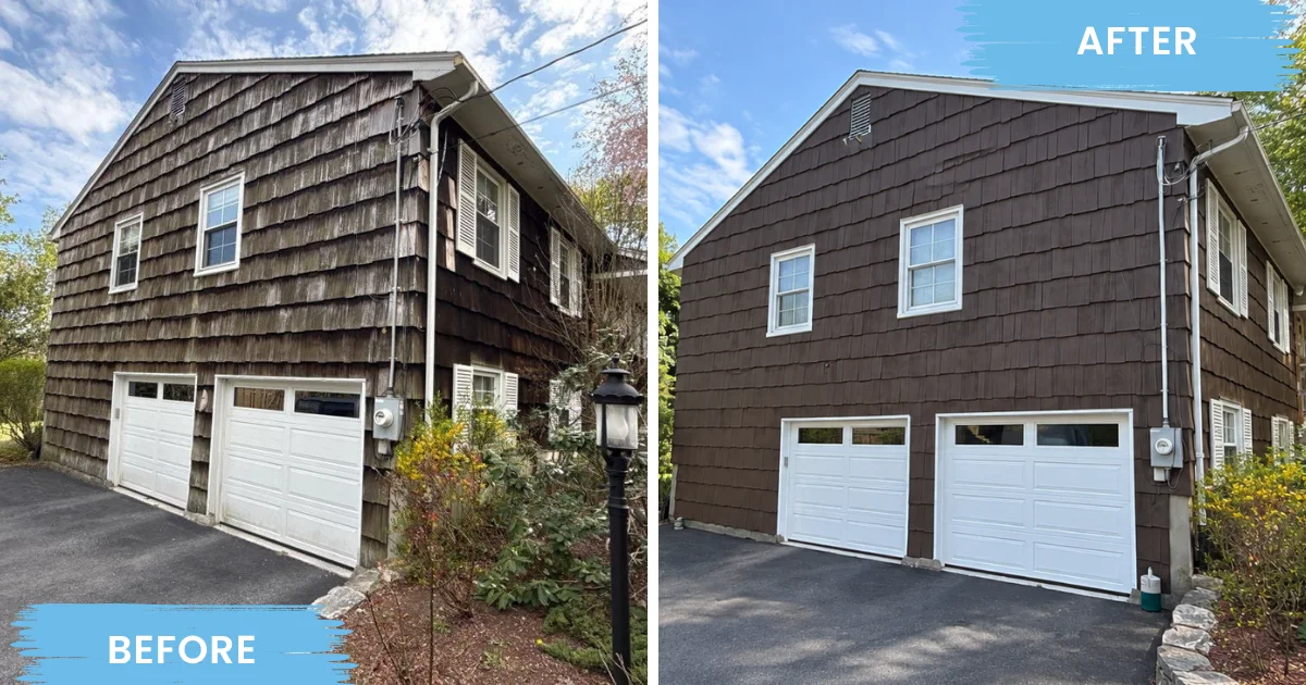 Wood-shingle home exterior before and after cleaning and dark-brown refinishing.
