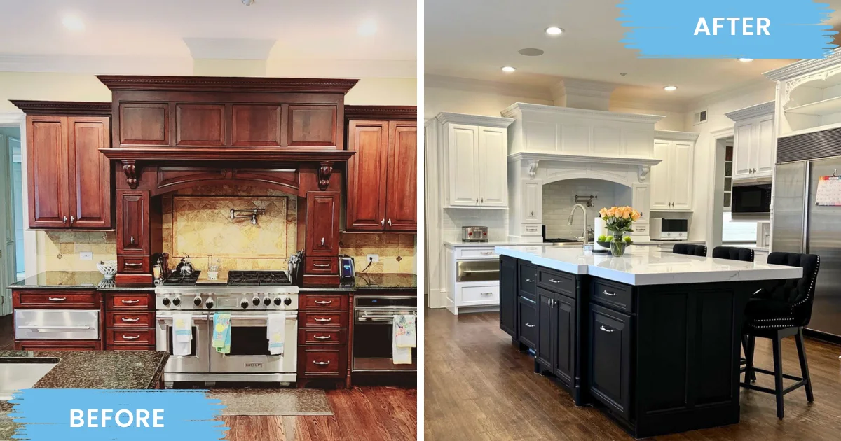Kitchen cabinetry before and after refinishing from dark stained wood to white with a black island.