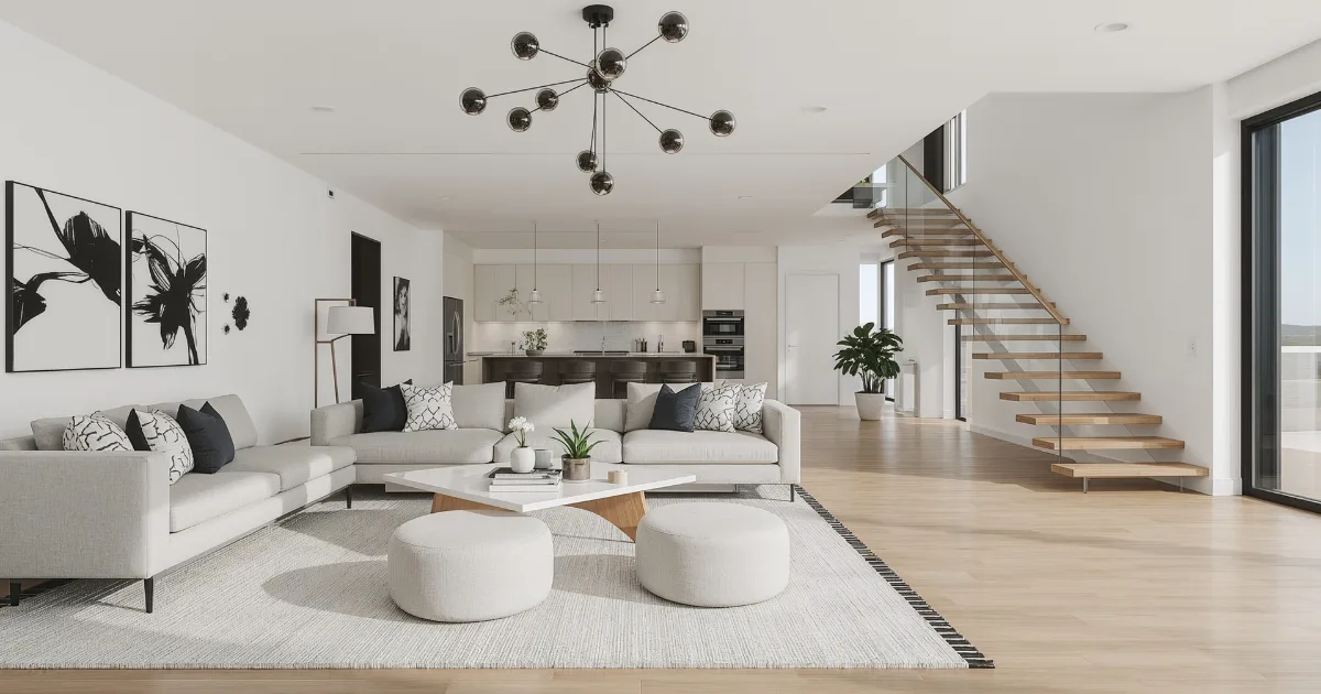 Black-and-white open living room and kitchen unified by white walls and ceiling.