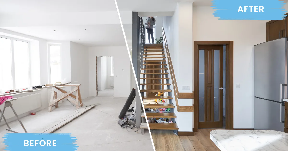 Before-and-after comparison of a home interior during painting and after completion, showing white walls, finished woodwork, and a kitchen.