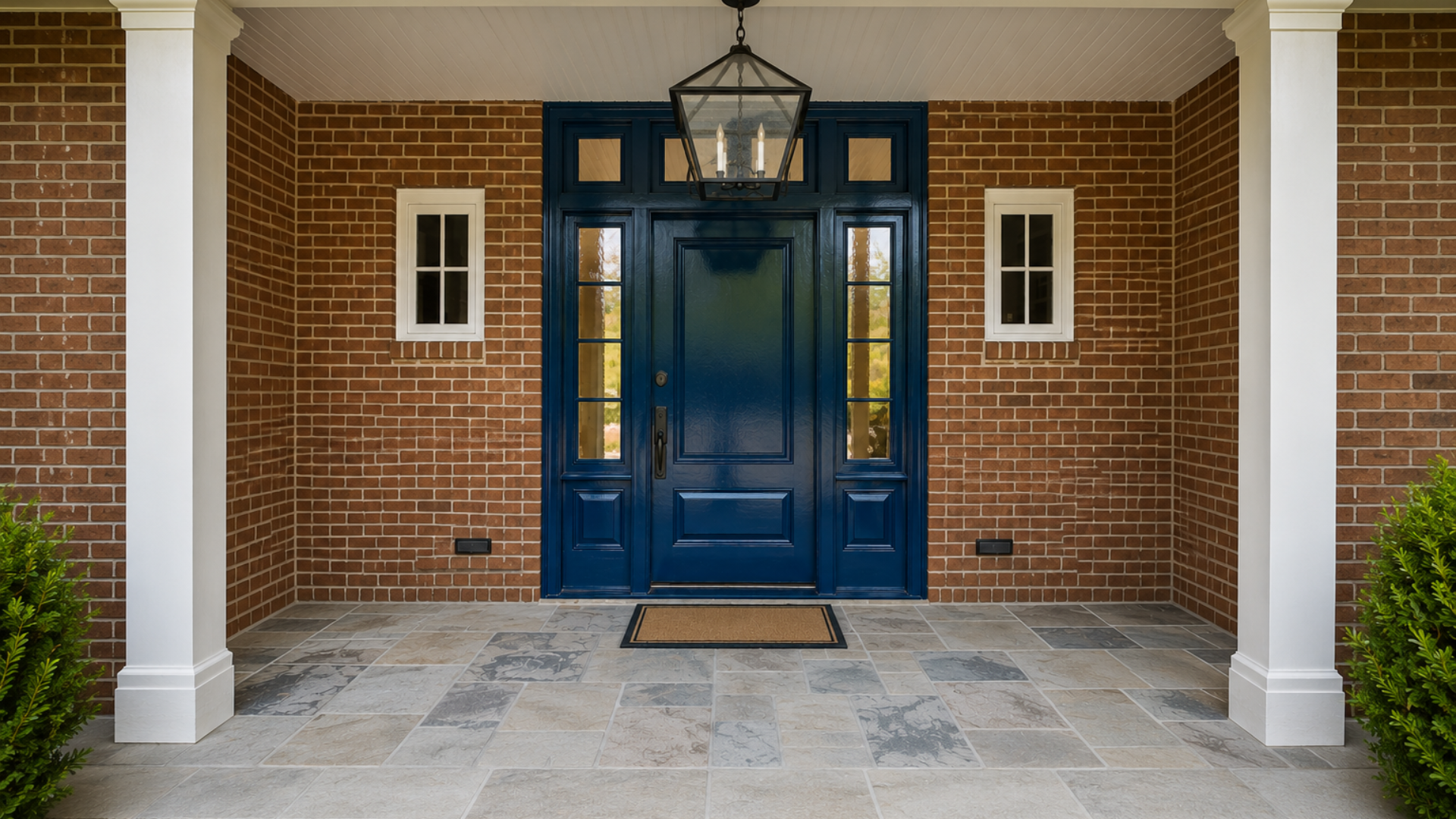 White home exterior with a glossy blue front door for the A.G. Williams summer front door upgrade special.