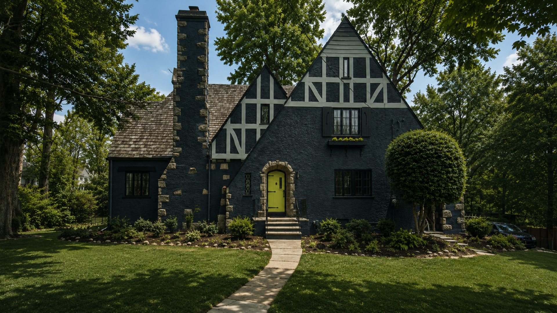 White home exterior with a glossy green front door for the A.G. Williams summer front door upgrade special.